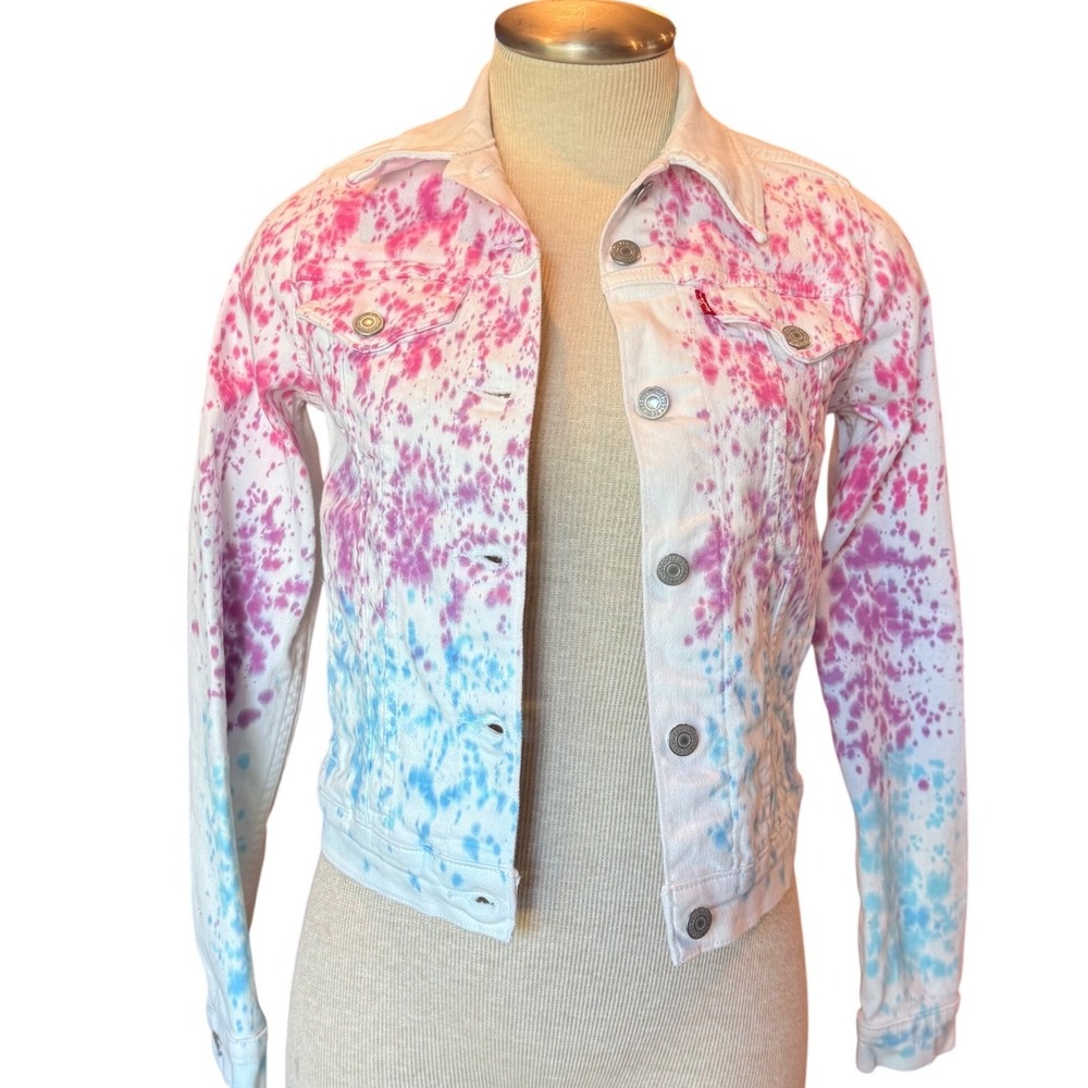 Levis Tie Dye Denim Jacket Pink Blue White‎ Splatter Trucker Jean Jacket X-Small